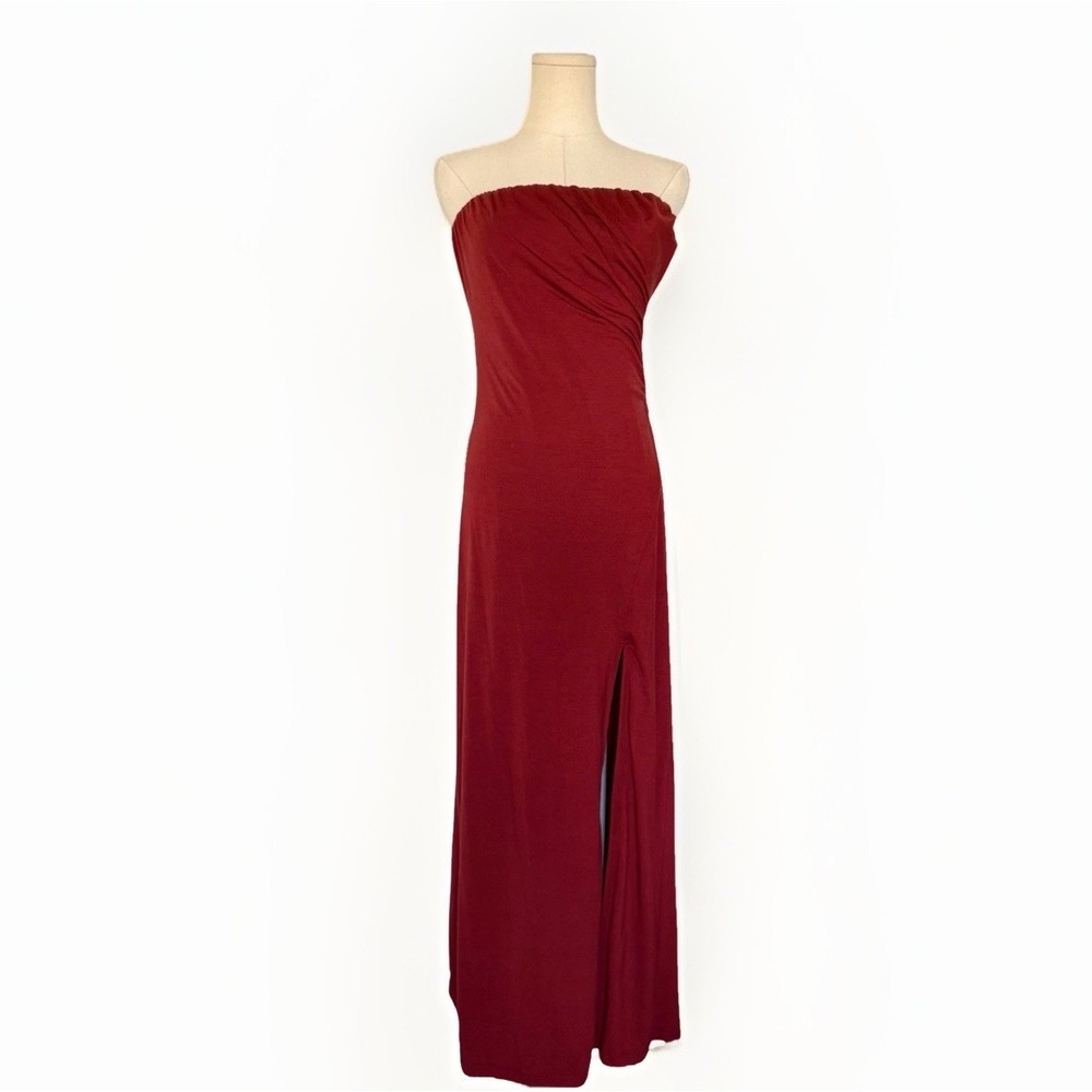 Free People Haley Strapless Maxi Dress M Rust Ruched Bodycon Slit Stretch Sexy - Picture 2 of 12